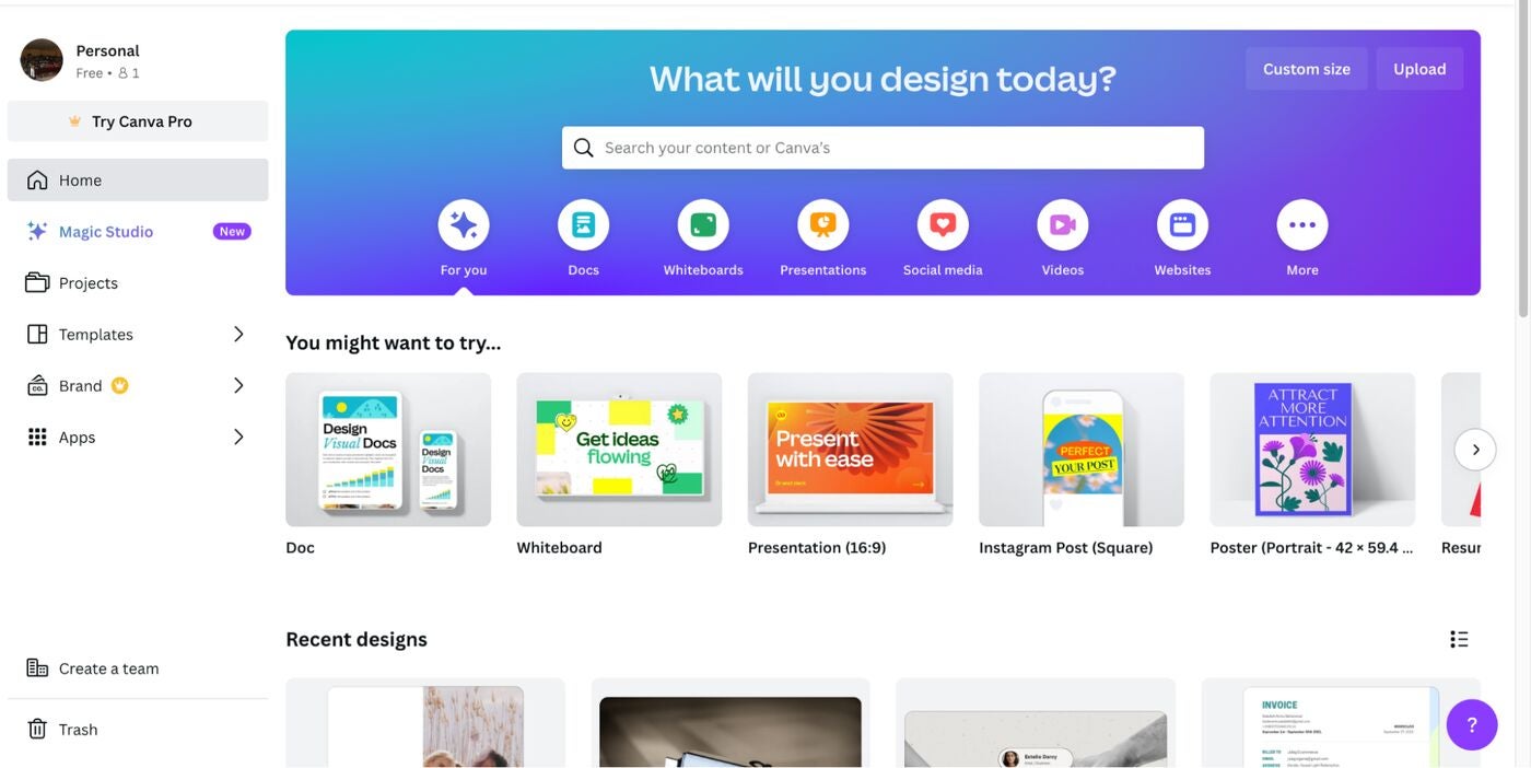 Canva design homepage.