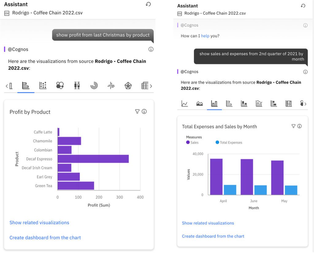 AI assistance interface of IBM Cognos.