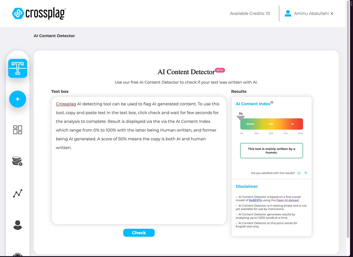 Crossplag sample text analysis with outputs.