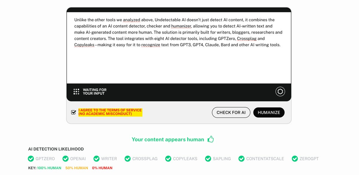 Undetectable sample text analysis with outputs.