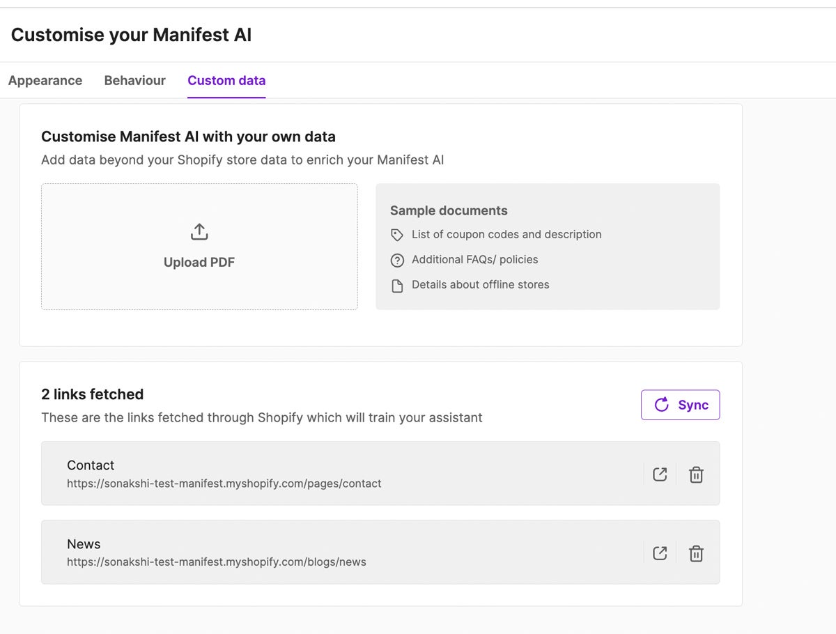 Manifest AI custom data setup view.