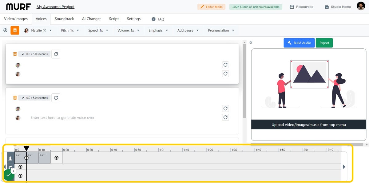 Murf AI studio view.