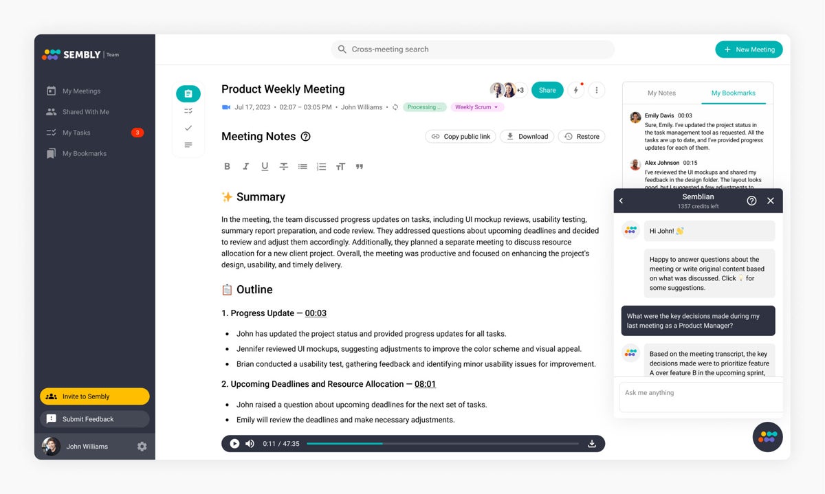 Sembly AI meeting notes dashboard.