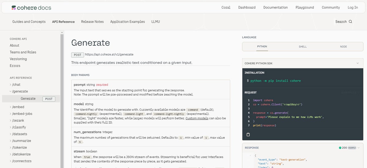 Cohere Generate offers detailed documentation for its API, including how to set it up, and how to make it work for Python, Shell, or Node, depending on user preference.