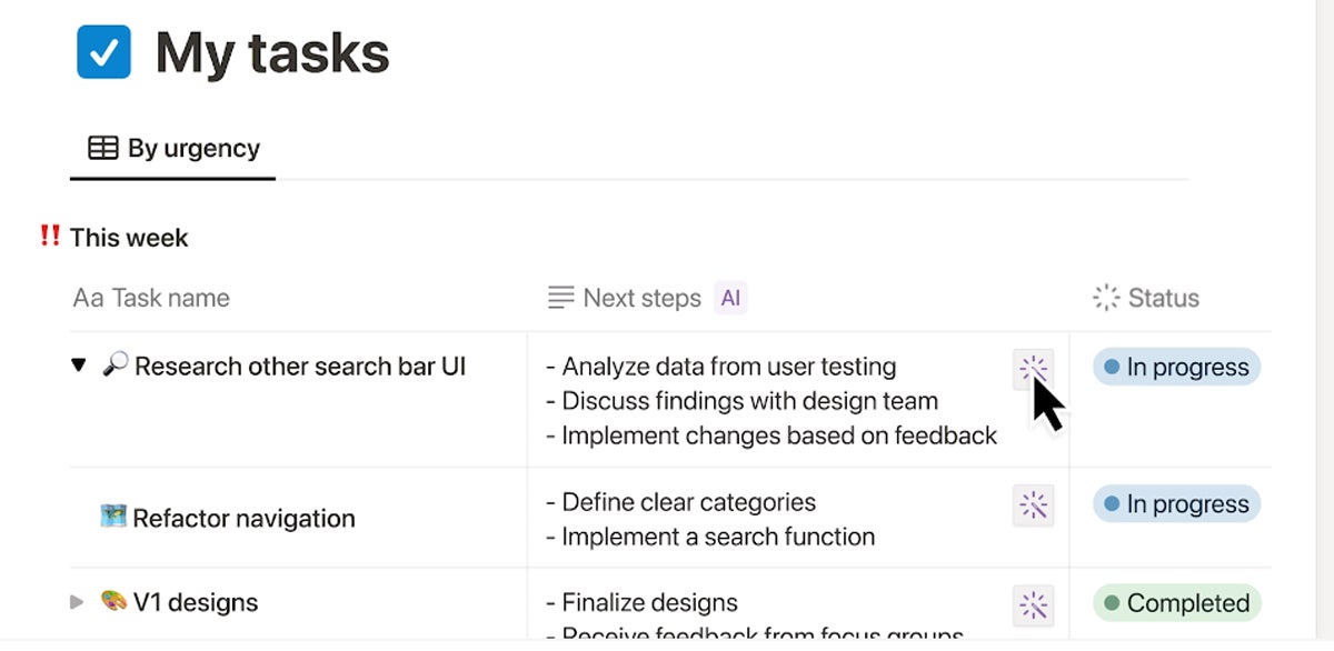 Notion AI's Autofill feature can quickly summarize and organize dozens of facts and key points into actionable data. For example, these next steps were generated by AI based on existing task information and documents.