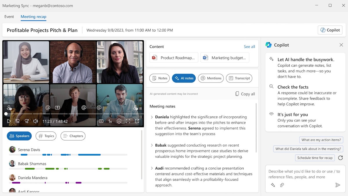 With Copilot for Microsoft 365 in Teams, the Copilot tool can offer quick meeting summaries and action items based on past or ongoing meetings.