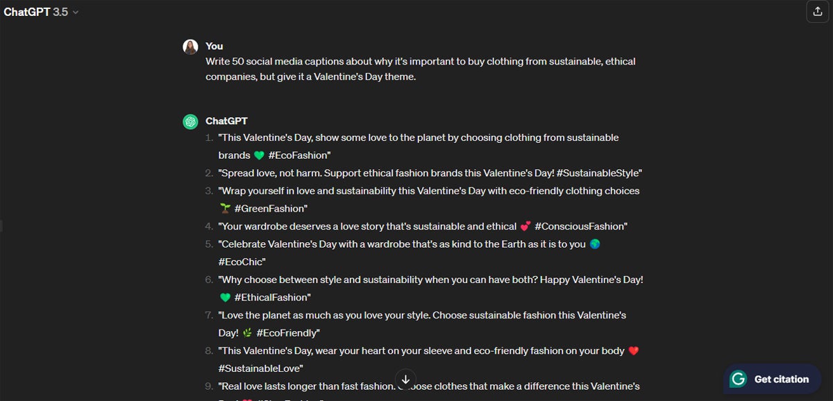 This simple prompt enabled ChatGPT to generate 50 relevant social media captions that would have taken me significantly longer to write.