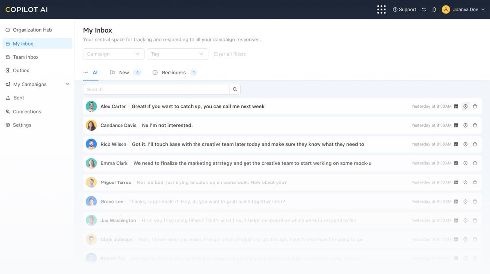 CoPilot AI inbox for tracking and responding to campaign responses.