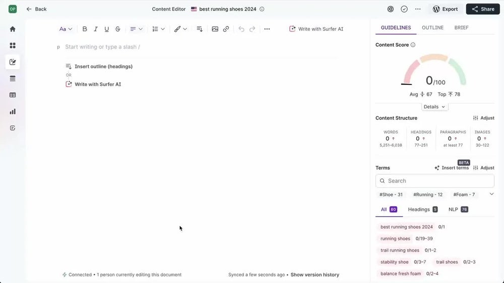 SurferSEO content editor dashboard.