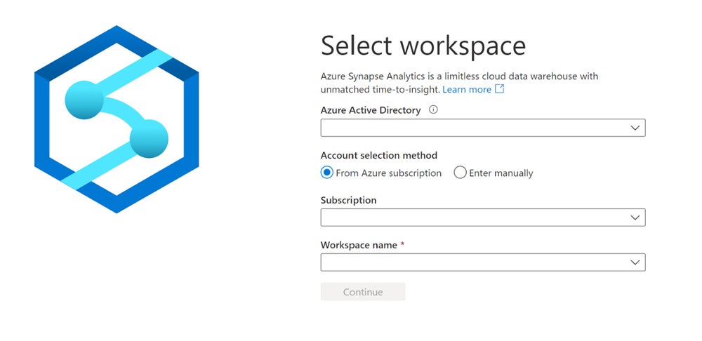 Selecting a Synapse Analytics workspace.