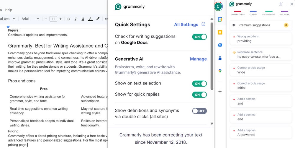 Grammarly reviewing content to provide writing assistance.