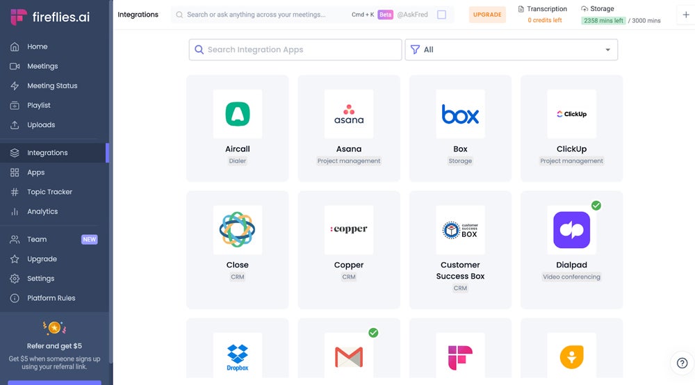 Fireflies integrations page.