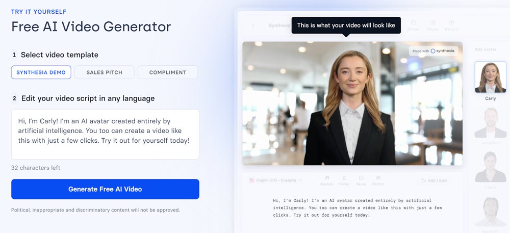 Synthesia’s video generation tool can be used for generating marketing content.