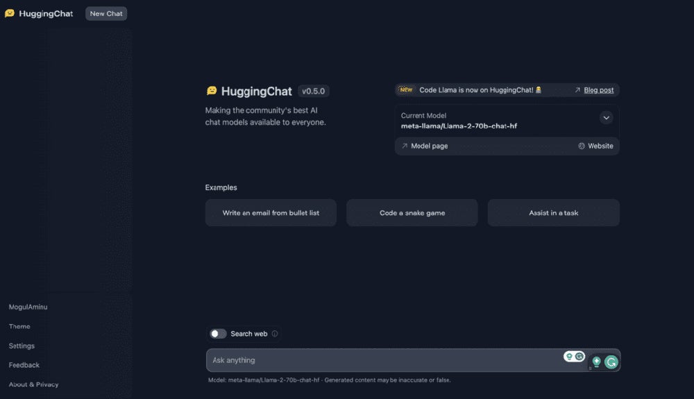 HuggingChat screenshot.