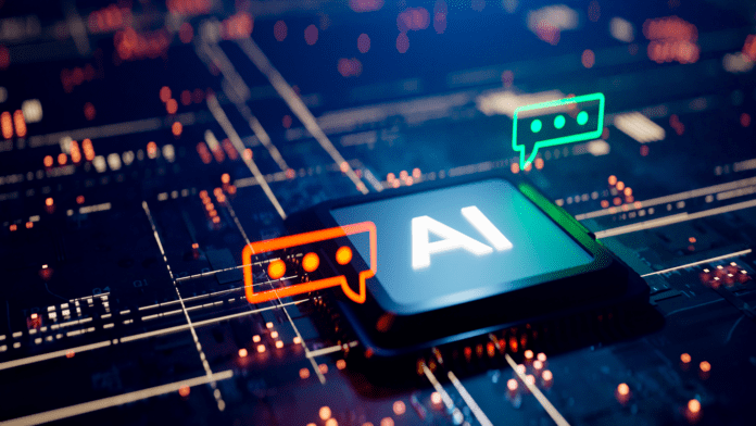 Conceptual image with a speech bubble next to an interactive AI CPU.