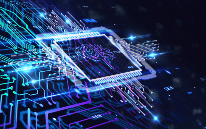 Virtual microchip with brain logo in circuited background.