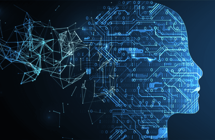 Binary digits and circuit patterns forming a silhouette of a head.