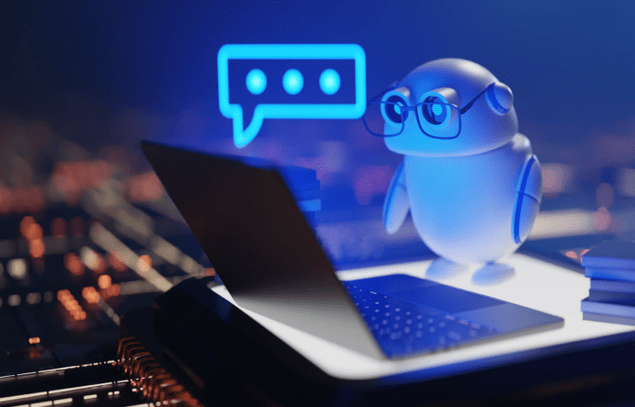 Conversational copilot AI robot with speech bubble.