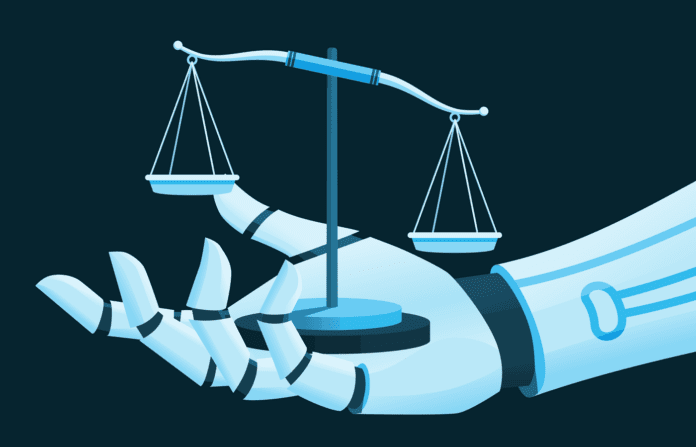 Robot arm and balance scale illustration.