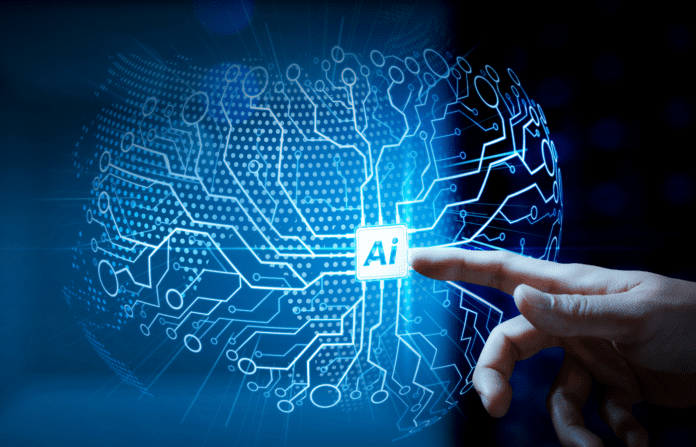 Hand interacting with a holographic artificial Intelligence chip on virtual dashboard.