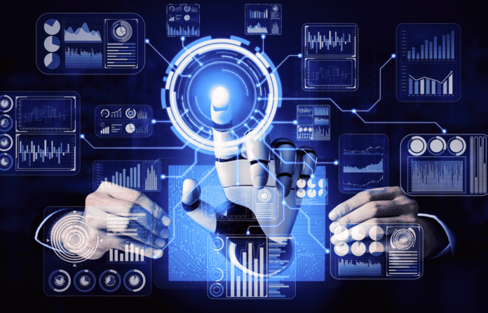 Robotic hand interacting with various analytic graphs and charts