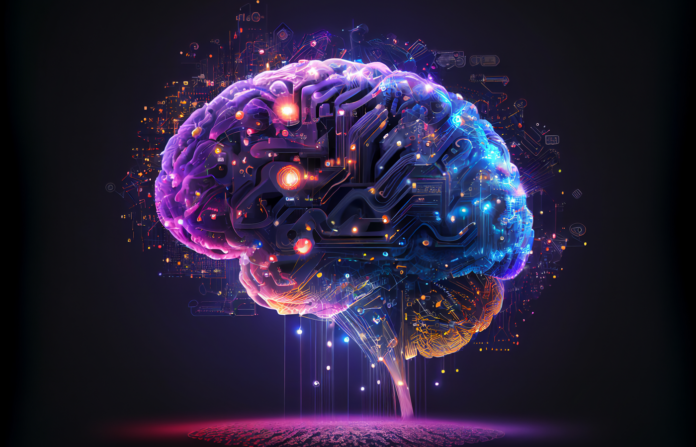 Human brain showing Intelligent thinking processing through the concept of a neural network printed circuit of big data and artificial intelligence.