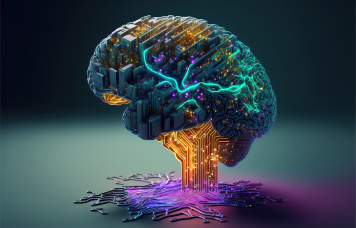 AI-generated image of a merged brain and computer circuits.