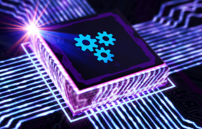 3D render of a computer chip with locked gears icon embedded on a circuit grid.