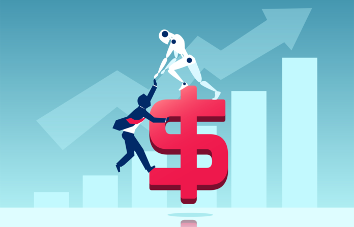 Vector of a robot helping businessman to climb a dollar sign.