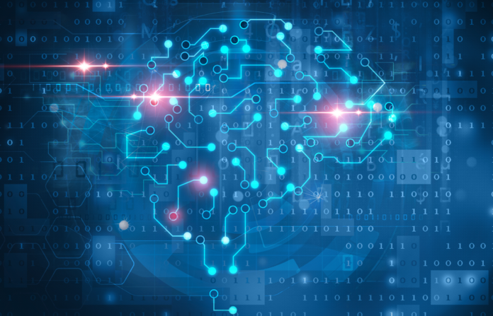 Circuit grid forming a digital brain on a background of data stream