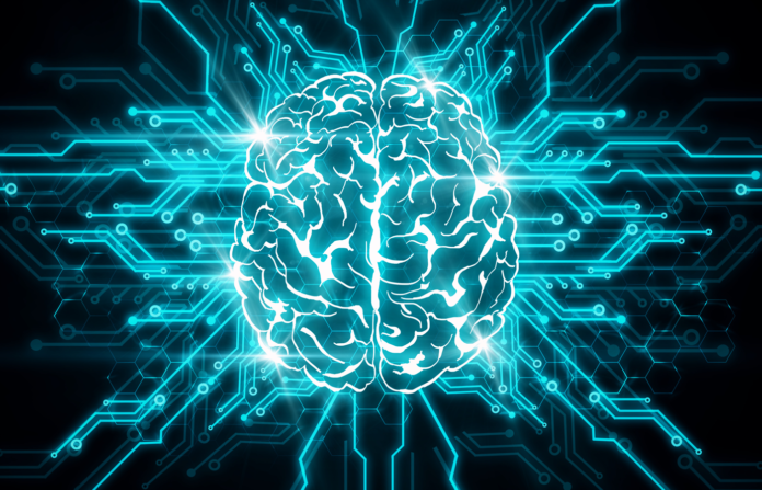 Virtual image of a brain on a circuit grid background.